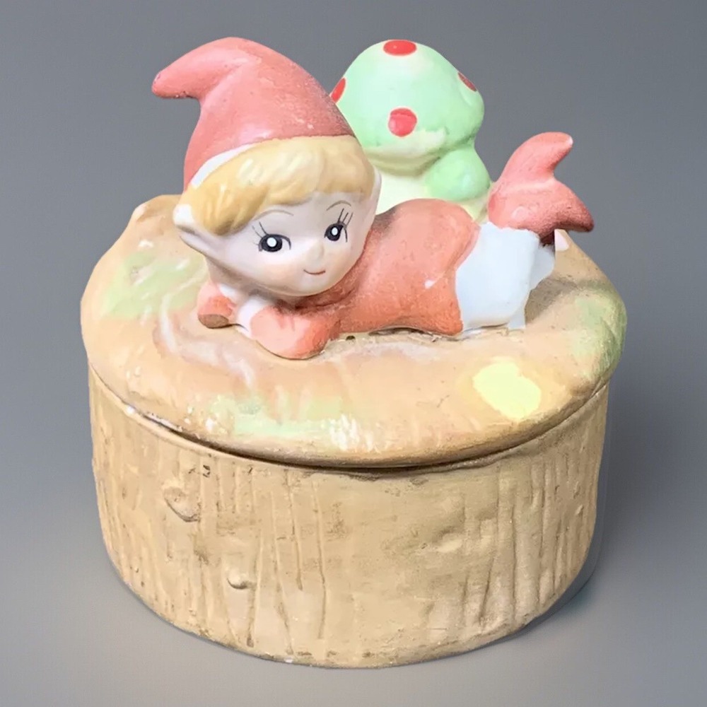 Homco Home Interiors Ceramic Pixie Elf Mushroom Tree Stump Trinket Box 1404 VTG